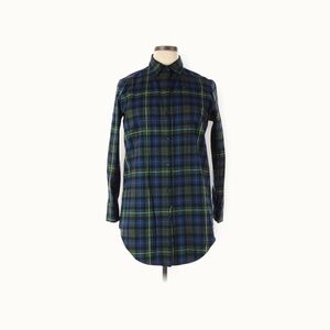 MAUDE Long Blue Plaid Flannel Button Down Dress Shirt